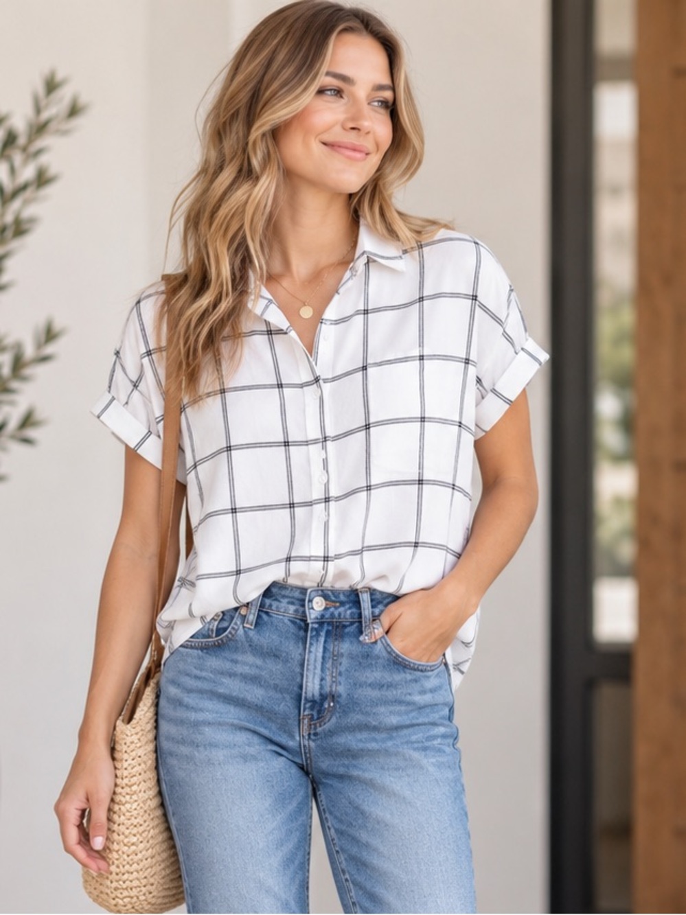 Japna Windowpane Plaid Short Sleeve Button Down Blouse Size Small